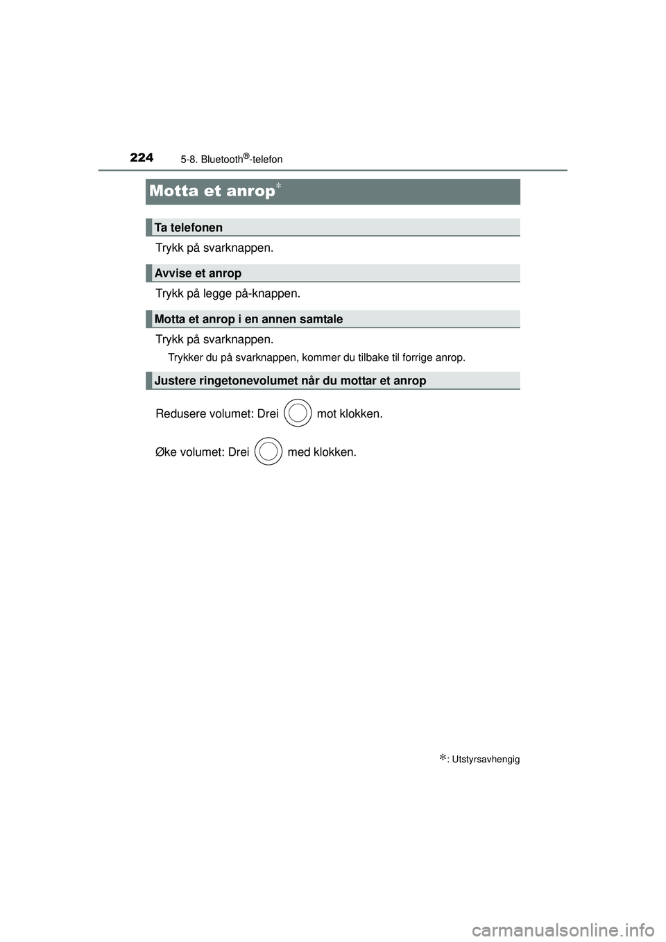 TOYOTA AYGO 2015 Instruksjoner for bruk (in Norwegian) 2245-8. Bluetooth®-telefon
OM99J92NO
Motta et anrop∗
Trykk på svarknappen.
Trykk på legge på-knappen.
Trykk på svarknappen.
Trykker du på svarknappen, kommer du tilbake til forrige anrop.
Redu TOYOTA AYGO 2015 Instruksjoner for bruk (in Norwegian) 2245-8. Bluetooth®-telefon
OM99J92NO
Motta et anrop∗
Trykk på svarknappen.
Trykk på legge på-knappen.
Trykk på svarknappen.
Trykker du på svarknappen, kommer du tilbake til forrige anrop.
Redu