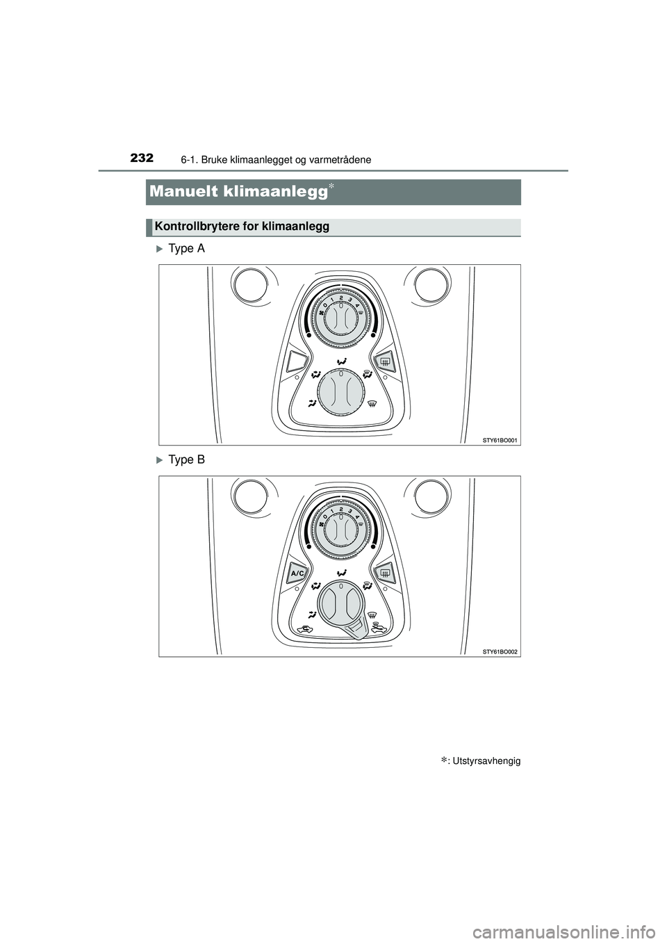 TOYOTA AYGO 2015  Instruksjoner for bruk (in Norwegian) 2326-1. Bruke klimaanlegget og varmetrådene
OM99J92NO
Manuelt klimaanlegg∗
�XTy p e  A
�XTy p e  B
∗: Utstyrsavhengig
Kontrollbrytere for klimaanlegg
OM99J92NO.book  Page 232  Thursday, June 26, 