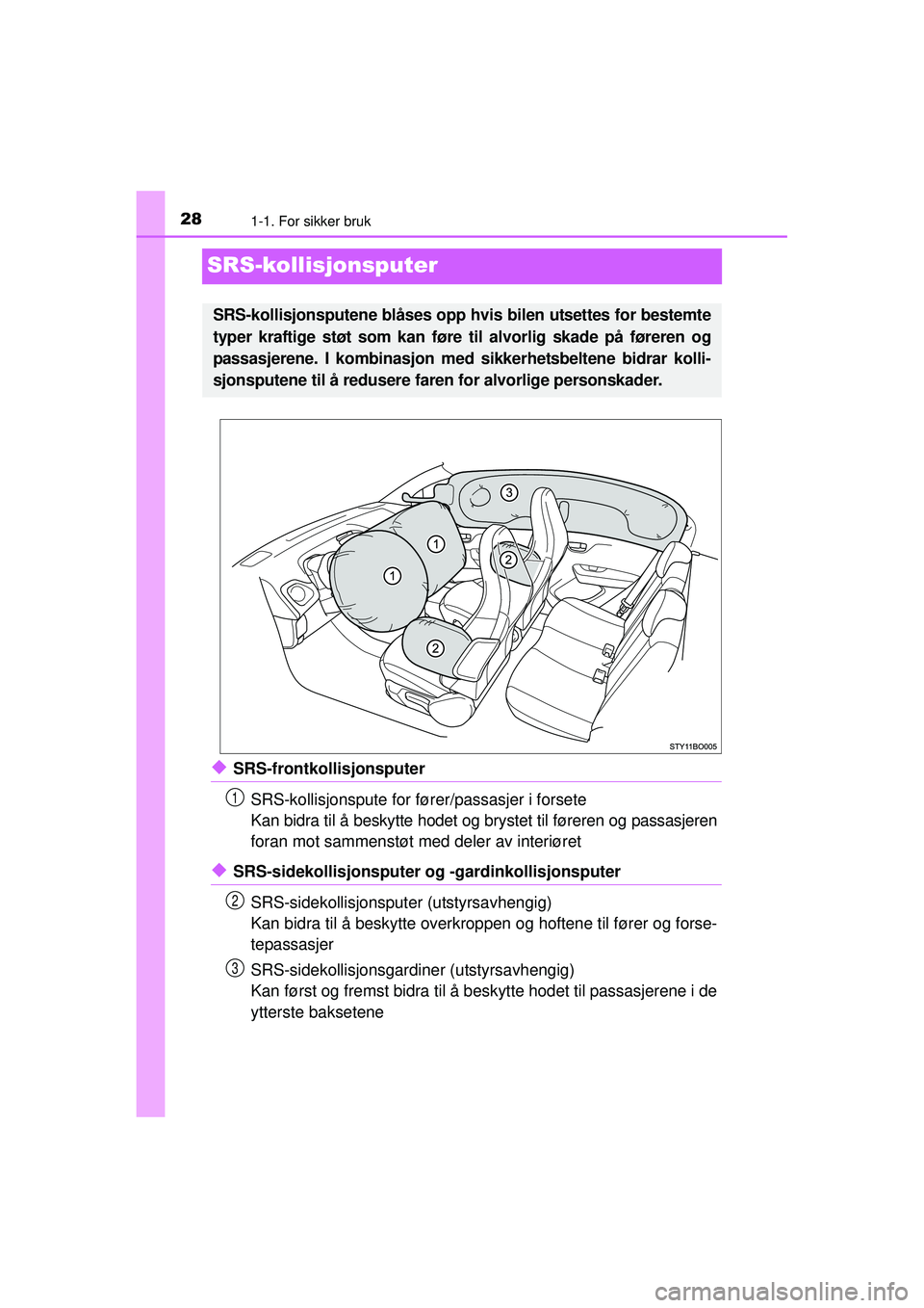 TOYOTA AYGO 2015  Instruksjoner for bruk (in Norwegian) 281-1. For sikker bruk
OM99J92NO
SRS-kollisjonsputer
◆SRS-frontkollisjonsputerSRS-kollisjonspute for føre r/passasjer i forsete
Kan bidra til å beskytte hodet og brystet til føreren og passasjere