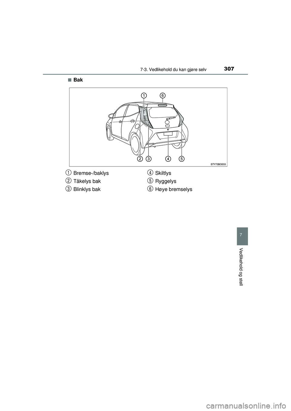 TOYOTA AYGO 2015  Instruksjoner for bruk (in Norwegian) 3077-3. Vedlikehold du kan gjøre selv
7
Vedlikehold og stell
OM99J92NO■
Bak
Bremse-/baklys
Tåkelys bak
Blinklys bak
Skiltlys
Ryggelys
Høye bremselys1
2
3
4
5
6
OM99J92NO.book  Page 307  Thursday,