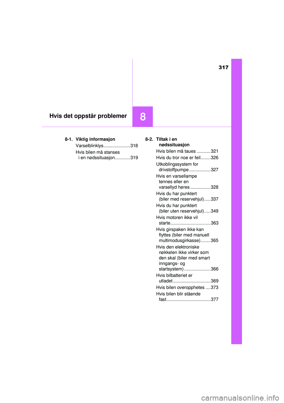 TOYOTA AYGO 2015  Instruksjoner for bruk (in Norwegian) 317
8Hvis det oppstår problemer
OM99J92NO8-1. Viktig informasjon
Varselblinklys..................... 318
Hvis bilen må stanses i en nødssituasjon............ 319 8-2. Tiltak i en 
nødssituasjon
Hv
