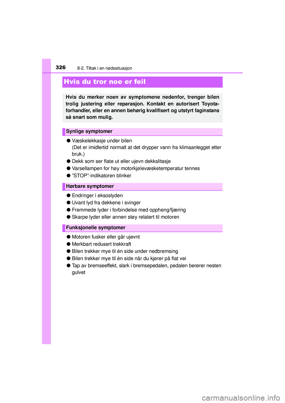 TOYOTA AYGO 2015 Instruksjoner for bruk (in Norwegian) 3268-2. Tiltak i en nødssituasjon
OM99J92NO
Hvis du tror noe er feil
●Væskelekkasje under bilen
(Det er imidlertid normalt at det drypper vann fra klimaanlegget etter
bruk.)
● Dekk som ser flate TOYOTA AYGO 2015 Instruksjoner for bruk (in Norwegian) 3268-2. Tiltak i en nødssituasjon
OM99J92NO
Hvis du tror noe er feil
●Væskelekkasje under bilen
(Det er imidlertid normalt at det drypper vann fra klimaanlegget etter
bruk.)
● Dekk som ser flate