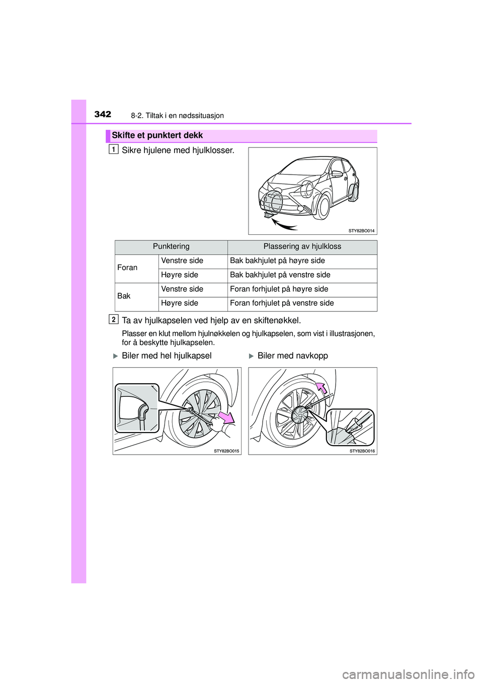 TOYOTA AYGO 2015 Instruksjoner for bruk (in Norwegian) 3428-2. Tiltak i en nødssituasjon
OM99J92NO
Sikre hjulene med hjulklosser.
Ta av hjulkapselen ved hjelp av en skiftenøkkel.
Plasser en klut mellom hjulnøkkelen og hjulkapselen, som vist i illustras TOYOTA AYGO 2015 Instruksjoner for bruk (in Norwegian) 3428-2. Tiltak i en nødssituasjon
OM99J92NO
Sikre hjulene med hjulklosser.
Ta av hjulkapselen ved hjelp av en skiftenøkkel.
Plasser en klut mellom hjulnøkkelen og hjulkapselen, som vist i illustras