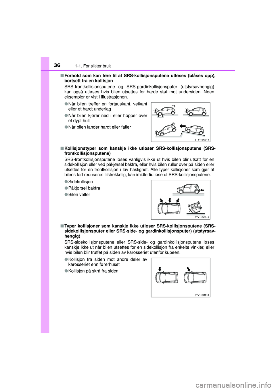TOYOTA AYGO 2015  Návod na použití (in Czech) 361-1. For sikker bruk
OM99J92NO■
Forhold som kan føre til at SRS- kollisjonsputene utløses (blåses opp),
bortsett fra en kollisjon
SRS-frontkollisjonsputene og SRS-gardinkollisjonsputer (utstyrs