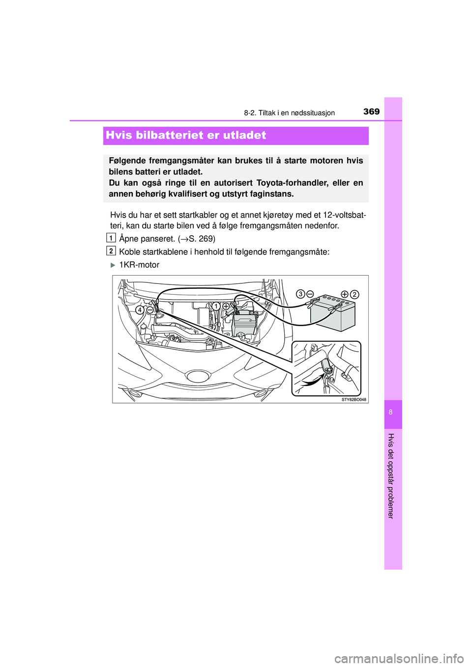 TOYOTA AYGO 2015  Instruksjoner for bruk (in Norwegian) 3698-2. Tiltak i en nødssituasjon
8
Hvis det oppstår problemer
OM99J92NO
Hvis bilbatteriet er utladet
Hvis du har et sett startkabler og et annet kjøretøy med et 12-voltsbat-
teri, kan du starte b