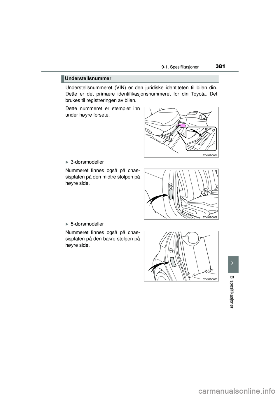 TOYOTA AYGO 2015  Instruksjoner for bruk (in Norwegian) 3819-1. Spesifikasjoner
9
Bilspesifikasjoner
OM99J92NO
Understellsnummeret (VIN) er den juridiske identiteten til bilen din.
Dette er det primære identifikasjonsnummeret for din Toyota. Det
brukes ti