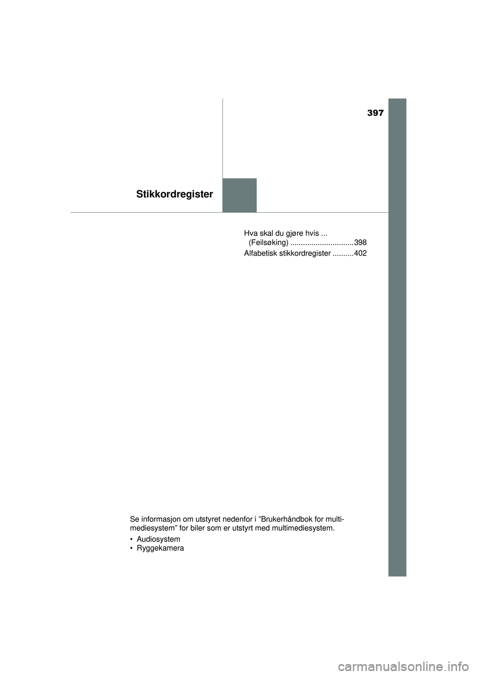 TOYOTA AYGO 2015  Instruksjoner for bruk (in Norwegian) 397
Stikkordregister
OM99J92NOHva skal du gjøre hvis ... 
(Feilsøking) .............................. 398
Alfabetisk stikkordregister .......... 402
Se informasjon om utstyret nedenfor i ”Brukerh
