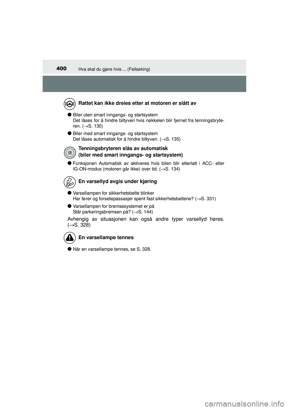 TOYOTA AYGO 2015 Instruksjoner for bruk (in Norwegian) 400Hva skal du gjøre hvis ... (Feilsøking)
OM99J92NO
●Biler uten smart inngangs- og startsystem
Det låses for å hindre biltyveri hvis nøkkelen blir fjernet fra tenningsbryte-
ren. (→S. 130)
TOYOTA AYGO 2015 Instruksjoner for bruk (in Norwegian) 400Hva skal du gjøre hvis ... (Feilsøking)
OM99J92NO
●Biler uten smart inngangs- og startsystem
Det låses for å hindre biltyveri hvis nøkkelen blir fjernet fra tenningsbryte-
ren. (→S. 130)