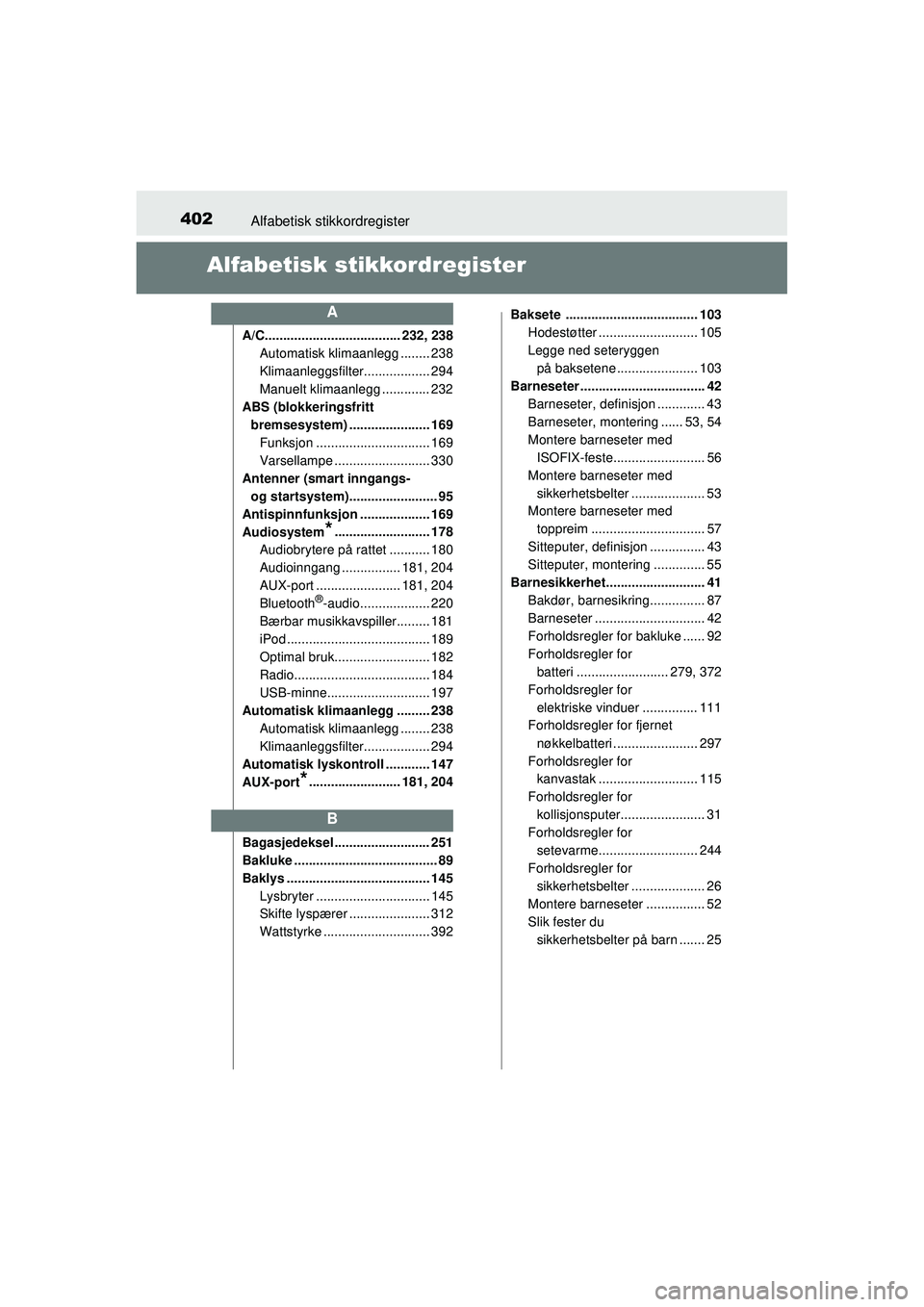TOYOTA AYGO 2015 Instruksjoner for bruk (in Norwegian) 402Alfabetisk stikkordregister
OM99J92NO
Alfabetisk stikkordregister
A/C..................................... 232, 238
Automatisk klimaanlegg ........ 238
Klimaanleggsfilter.................. 294
Manu TOYOTA AYGO 2015 Instruksjoner for bruk (in Norwegian) 402Alfabetisk stikkordregister
OM99J92NO
Alfabetisk stikkordregister
A/C..................................... 232, 238
Automatisk klimaanlegg ........ 238
Klimaanleggsfilter.................. 294
Manu