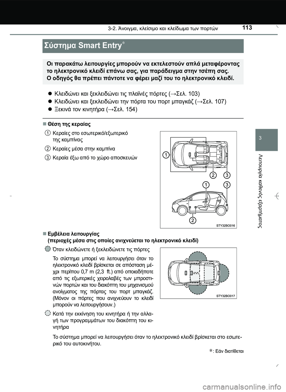 TOYOTA AYGO 2015  ΟΔΗΓΌΣ ΧΡΉΣΗΣ (in Greek) 113
3
3-2. Άνοιγμα, κλείσιμο και κλείδωμα των πορτών
Λειτουργία
 καθενός
 εξαρτήματος
\b*12. Smart Entry∗
Κλειδώνε
