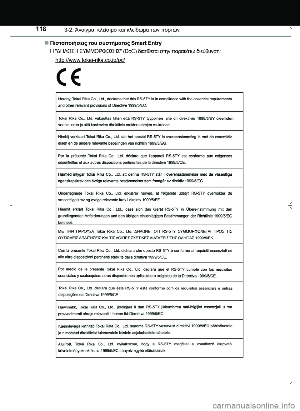 TOYOTA AYGO 2015  ΟΔΗΓΌΣ ΧΡΉΣΗΣ (in Greek) 1183-2. Άνοιγμα, κλείσιμο και κλείδωμα των πορτών
Πιστοποιήσεις του συστήματος Smart Entry
Η "ΔΗΛΩ\b