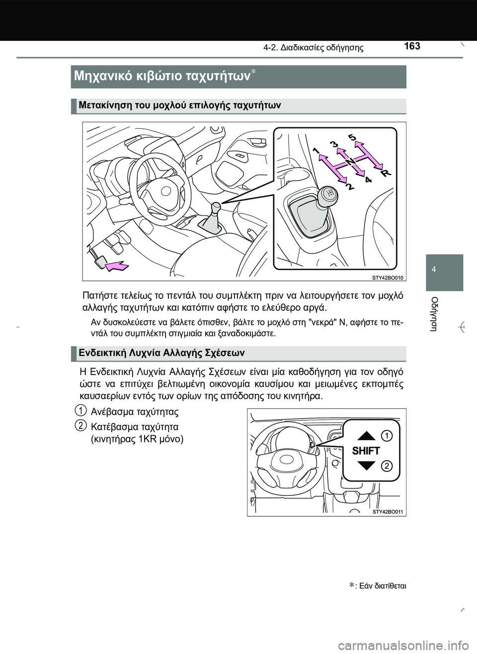TOYOTA AYGO 2015  ΟΔΗΓΌΣ ΧΡΉΣΗΣ (in Greek) 163
4
4-2. Διαδικασίες οδήγησης
Οδήγηση
Μηχανικό κιβώτιο ταχυτήτων∗
Πατήστε τελείως το πεντάλ του συμπλέκτη πρι