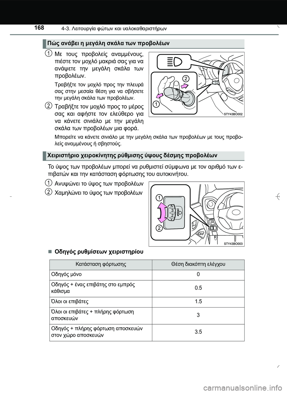 TOYOTA AYGO 2015  ΟΔΗΓΌΣ ΧΡΉΣΗΣ (in Greek) 1684-3. Λειτουργία φώτων και υαλοκαθαριστήρων
Με τους προβολείς αναμμένους,
πιέστε τον μοχλό μακριά σας για να
α