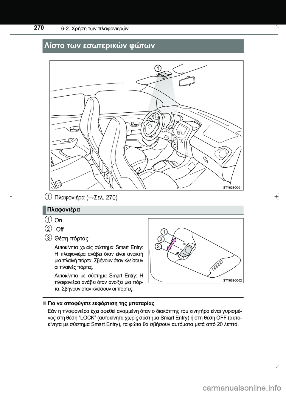 TOYOTA AYGO 2015  ΟΔΗΓΌΣ ΧΡΉΣΗΣ (in Greek) 2706-2. Χρήση των πλαφονιερών
Λίστα των εσωτερικών φώτων
Πλαφονιέρα (→\b0. 270)
On
 Off
Θέση πόρτας
Αυτοκίνητα χωρίς 