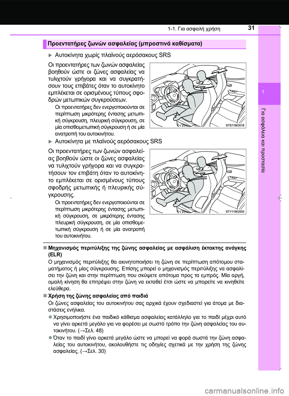 TOYOTA AYGO 2015  ΟΔΗΓΌΣ ΧΡΉΣΗΣ (in Greek) 311-1. Για ασφαλή χρήση
1
Για
 ασφάλεια
 και
 προστασία
Αυτοκίνητα χωρίς πλαϊνούς αερόσακους SRS
Οι προεντατήρες 