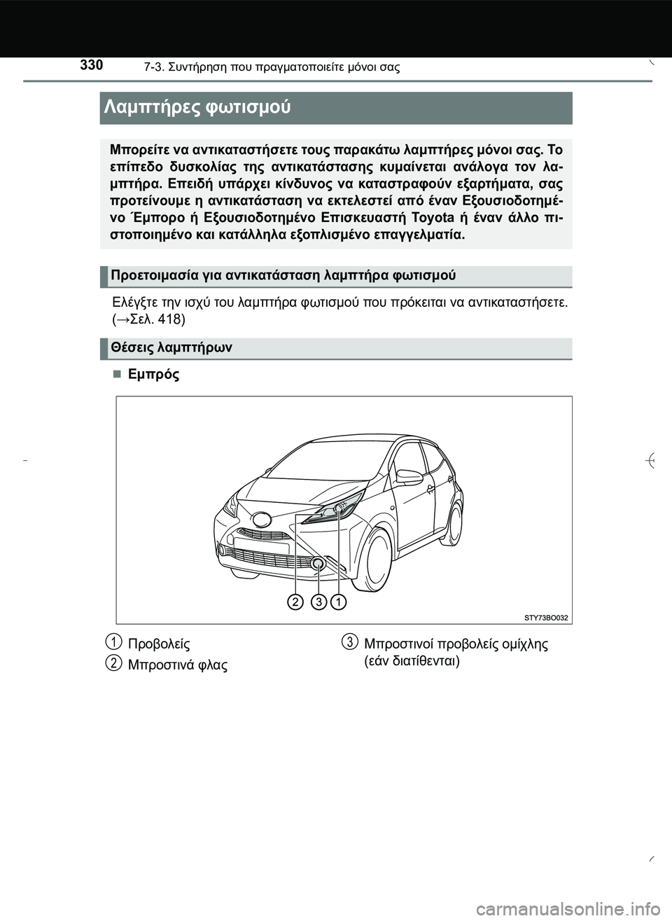 TOYOTA AYGO 2015  ΟΔΗΓΌΣ ΧΡΉΣΗΣ (in Greek) 3307-3. \b#2!1 που πραγματοποιείτε μόνοι σας
Λαμπτήρες φωτισμού
Ελέγξτε την ισχύ του λαμπτήρα φωτισμού που 