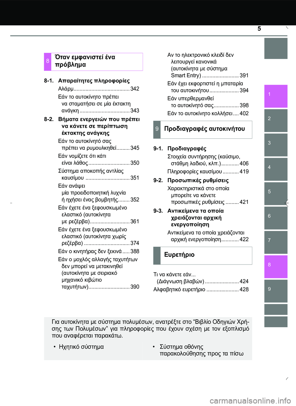 TOYOTA AYGO 2015  ΟΔΗΓΌΣ ΧΡΉΣΗΣ (in Greek) 5
1
7
8
6
5
4
3
2
9
8-1.Απαραίτητες πληροφορίες
Αλάρμ...................................... 342
Εάν το αυτοκίνητο πρέπει 
να σταματήσει σε