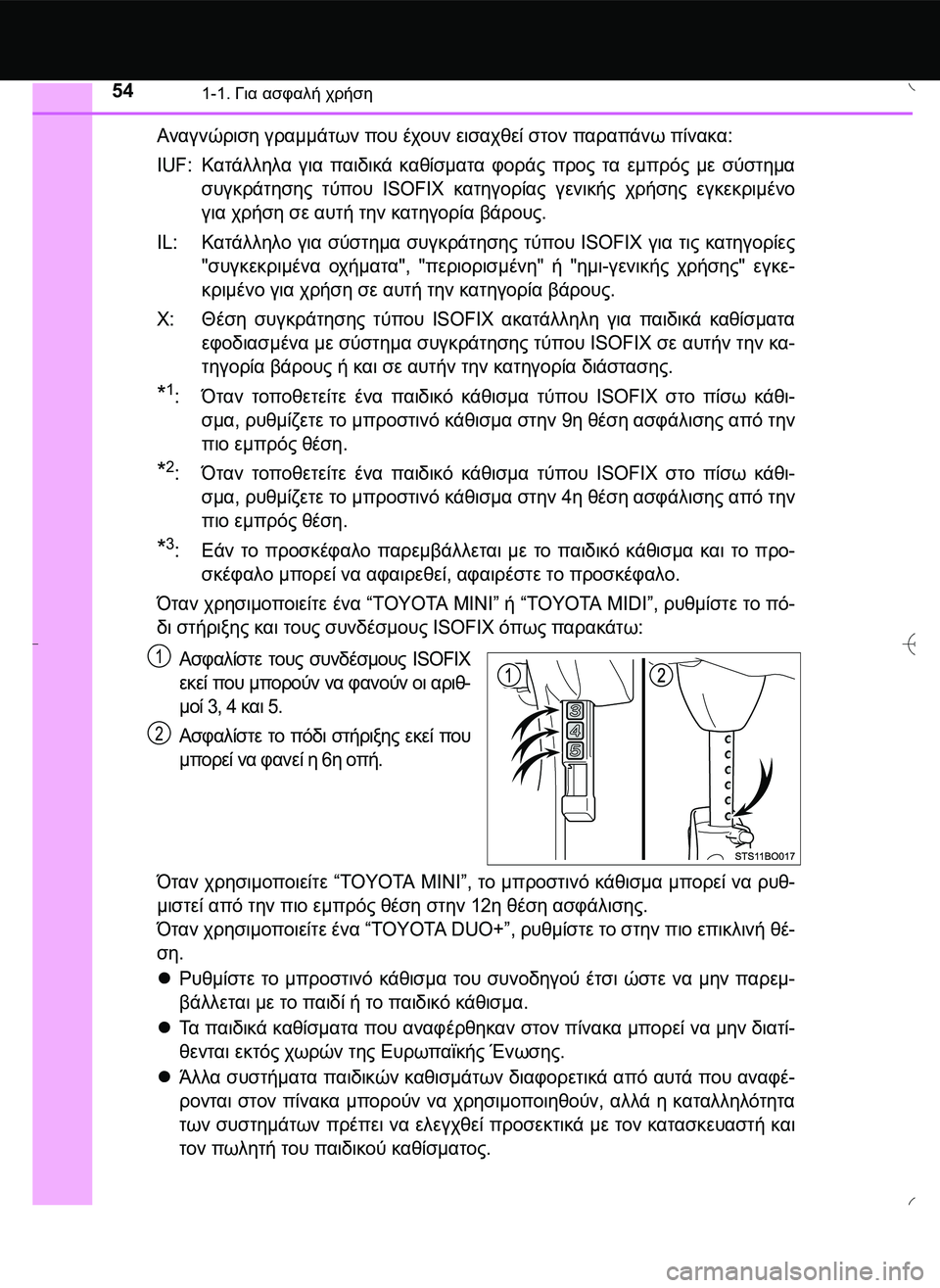 TOYOTA AYGO 2015  ΟΔΗΓΌΣ ΧΡΉΣΗΣ (in Greek) 541-1. Για ασφαλή χρήση
Αναγνώριση γραμμάτων που έχουν εισαχθεί στον παραπάνω πίνακα:
IUF:Κατάλληλα για παιδικά κ