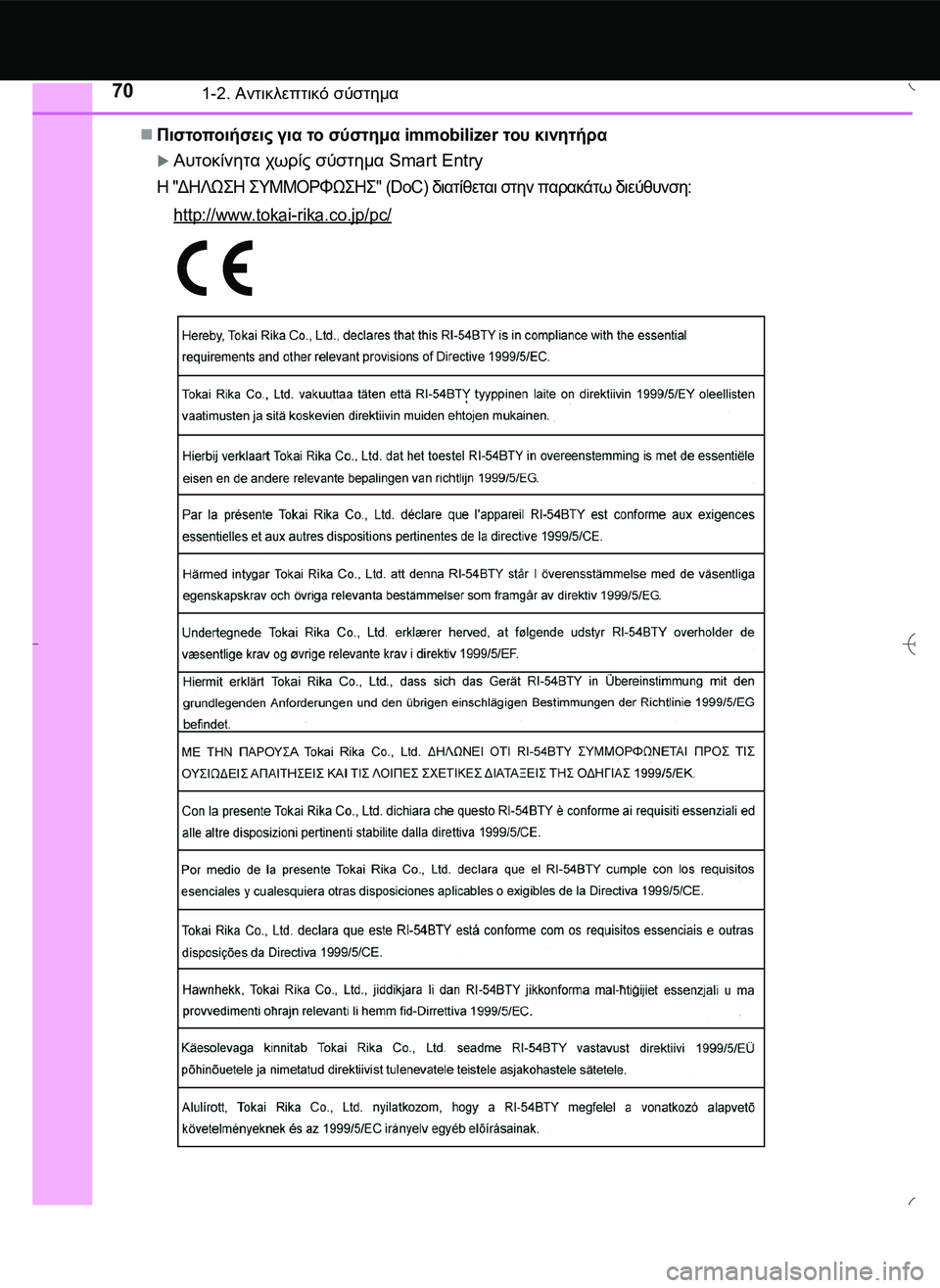 TOYOTA AYGO 2015  ΟΔΗΓΌΣ ΧΡΉΣΗΣ (in Greek) 701-2. Αντικλεπτικό σύστημα
Πιστοποιήσεις για το σύστημα immobilizer του κινητήρα
Αυτοκίνητα χωρίς σύστημα Smart Entr
