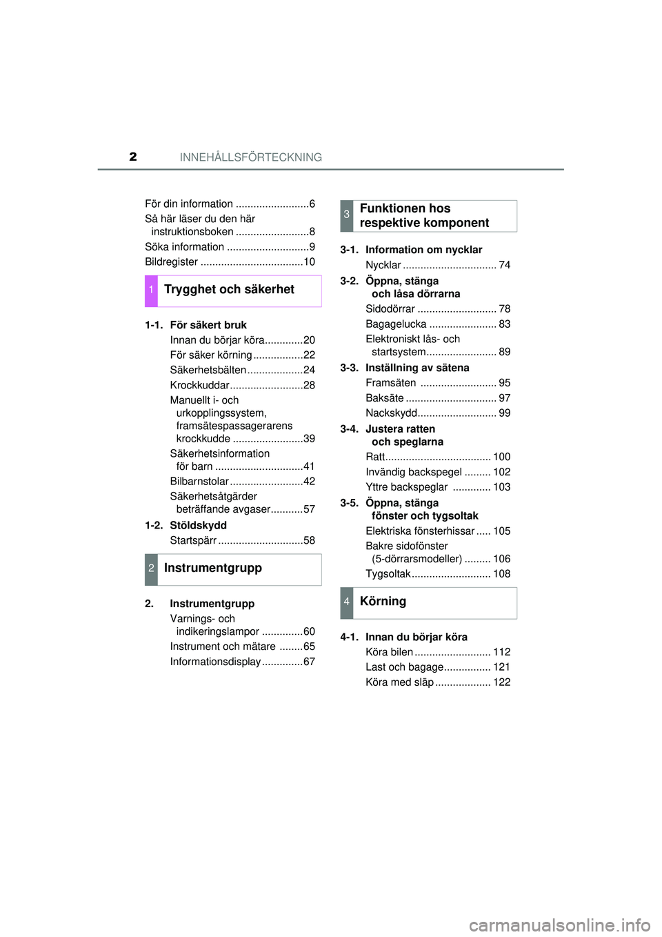 TOYOTA AYGO 2015 Bruksanvisningar (in Swedish) INNEHÅLLSFÖRTECKNING2
OM99J92SEFör din information .........................6
Så här läser du den här
instruktionsboken .........................8
Söka information ........................... TOYOTA AYGO 2015 Bruksanvisningar (in Swedish) INNEHÅLLSFÖRTECKNING2
OM99J92SEFör din information .........................6
Så här läser du den här
instruktionsboken .........................8
Söka information ...........................