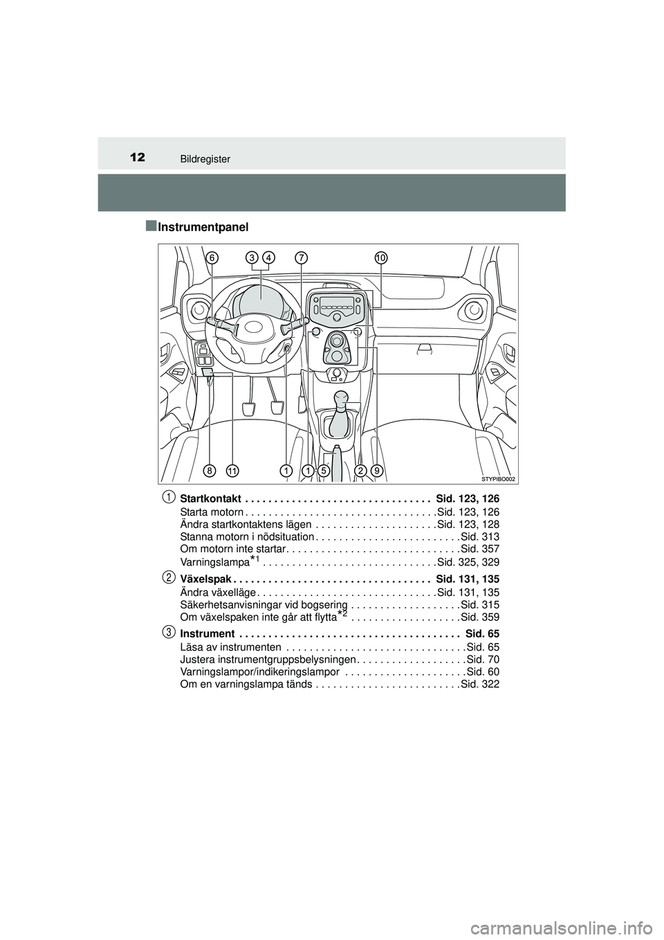 TOYOTA AYGO 2015  Bruksanvisningar (in Swedish) 12Bildregister
OM99J92SE
■Instrumentpanel
Startkontakt  . . . . . . . . . . . . . . . . . . . . . . . . . . . . . . . .  Sid. 123, 126
Starta motorn . . . . . . . . . . . . . . . . . . . . . . . . .