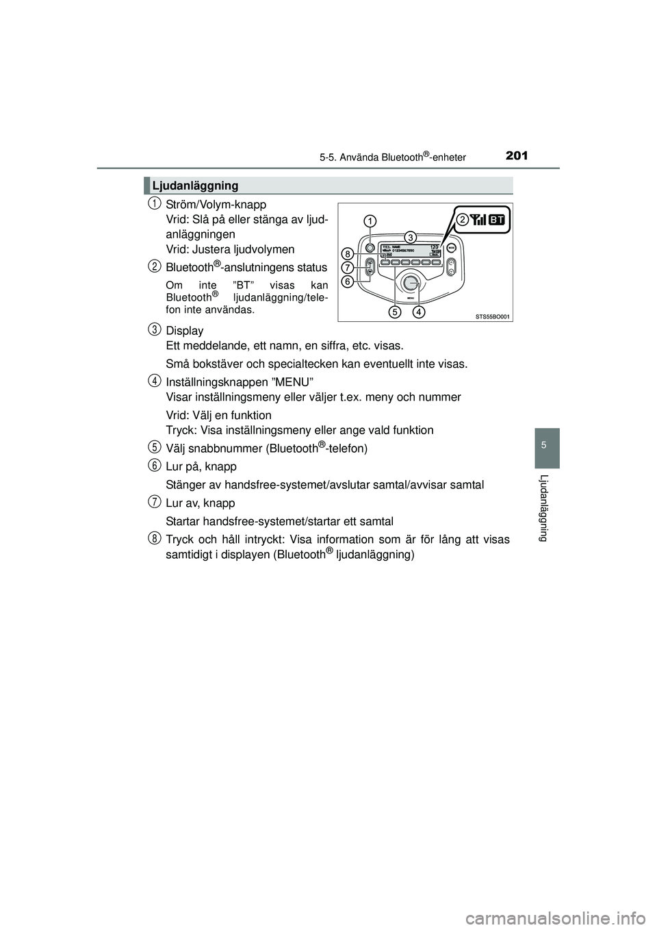TOYOTA AYGO 2015 Bruksanvisningar (in Swedish) 2015-5. Använda Bluetooth®-enheter
5
Ljudanläggning
OM99J92SE
Ström/Volym-knapp
Vrid: Slå på eller stänga av ljud-
anläggningen
Vrid: Justera ljudvolymen
Bluetooth
®-anslutningens status
Om i TOYOTA AYGO 2015 Bruksanvisningar (in Swedish) 2015-5. Använda Bluetooth®-enheter
5
Ljudanläggning
OM99J92SE
Ström/Volym-knapp
Vrid: Slå på eller stänga av ljud-
anläggningen
Vrid: Justera ljudvolymen
Bluetooth
®-anslutningens status
Om i