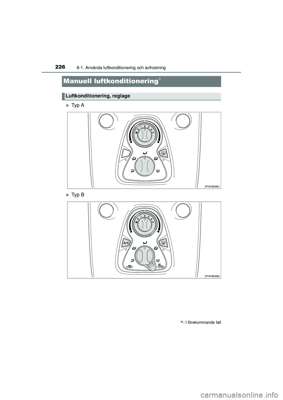 TOYOTA AYGO 2015  Bruksanvisningar (in Swedish) 2266-1. Använda luftkonditionering och avfrostning
OM99J92SE
Manuell luftkonditionering∗
�XTy p  A
�XTy p  B
∗: I förekommande fall
Luftkonditionering, reglage
OM99J92SE.book  Page 226  Wednesda