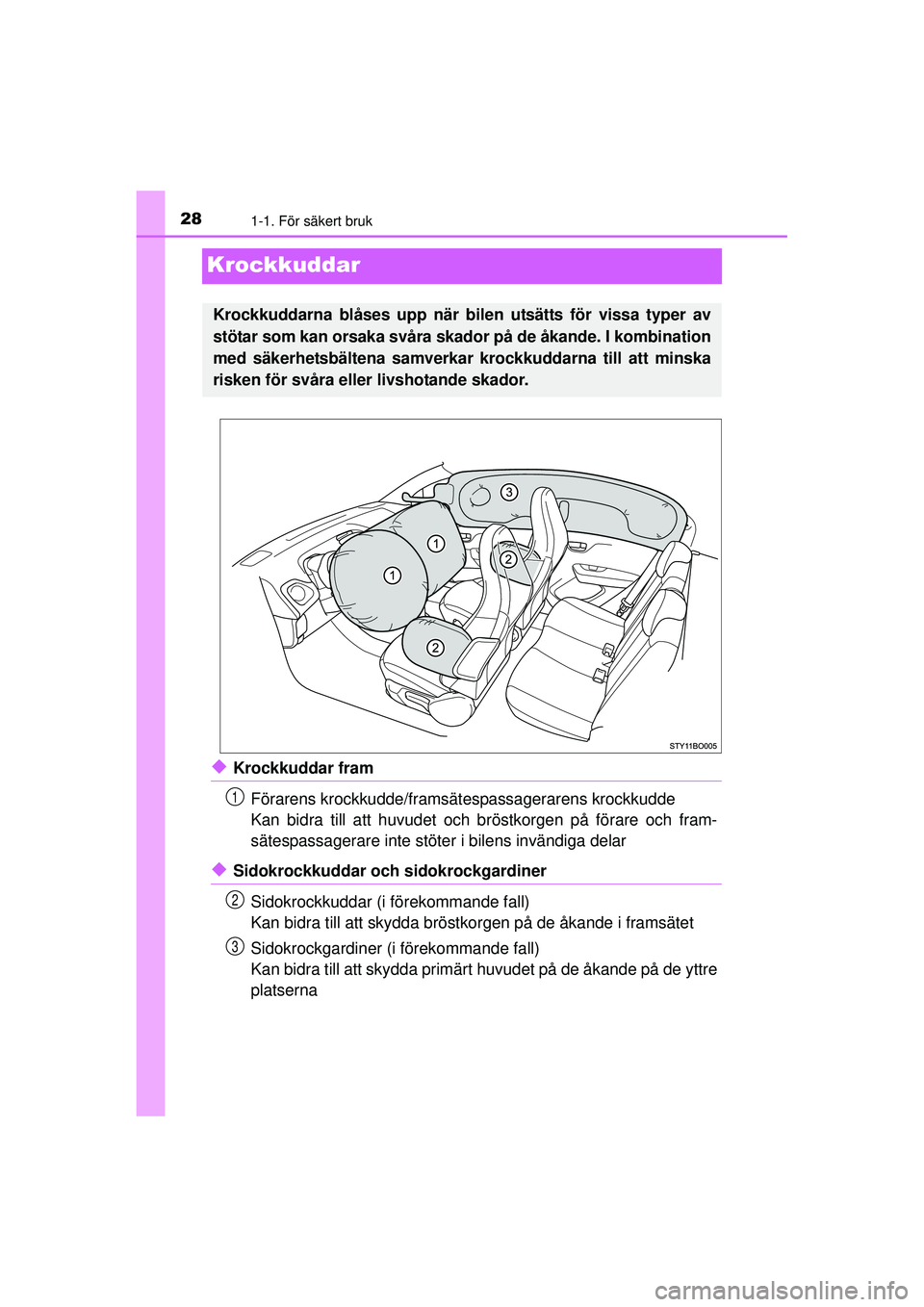 TOYOTA AYGO 2015  Bruksanvisningar (in Swedish) 281-1. För säkert bruk
OM99J92SE
Krockkuddar
◆Krockkuddar framFörarens krockkudde/framsätespassagerarens krockkudde
Kan bidra till att huvudet och br östkorgen på förare och fram-
sätespassa