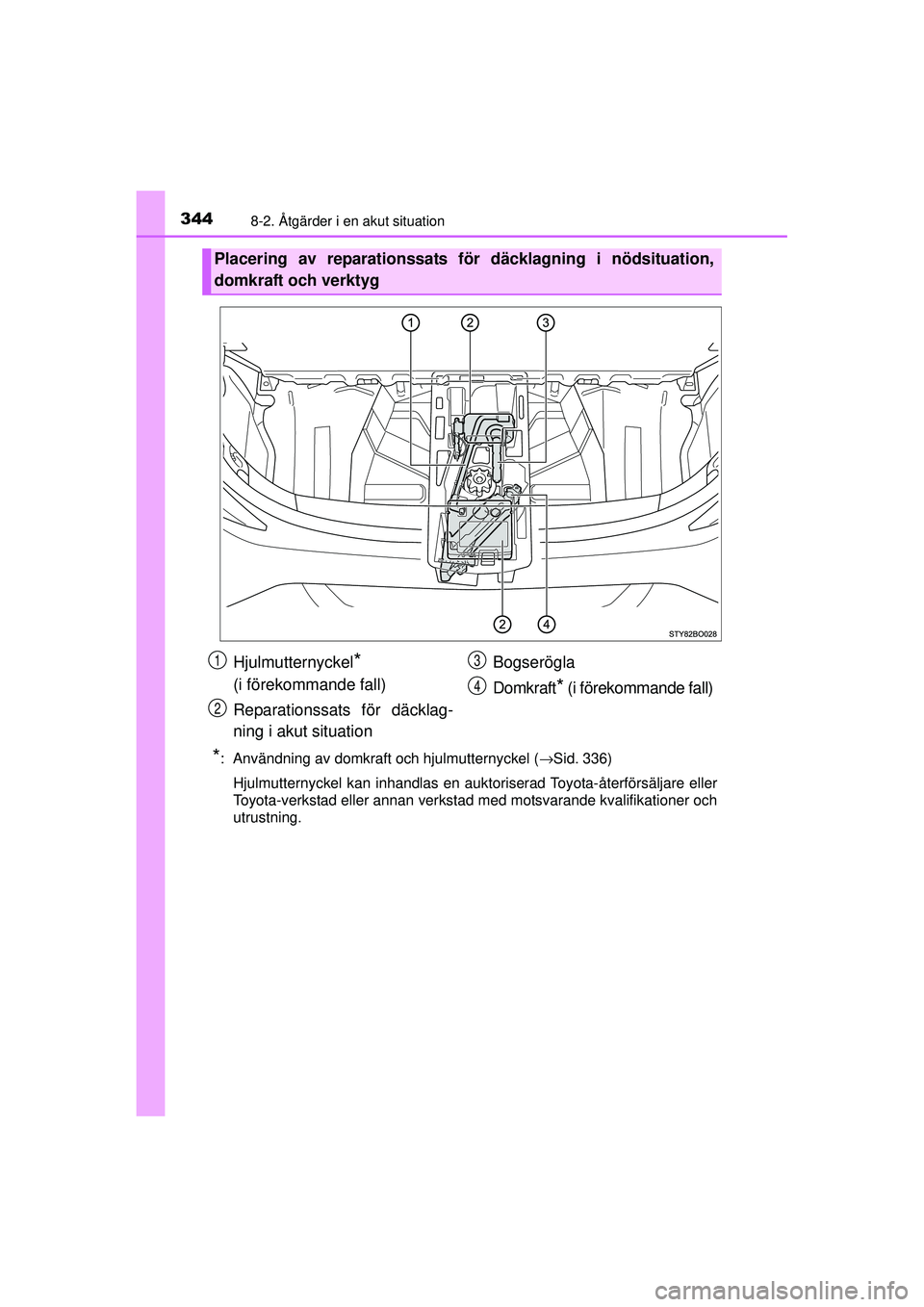 TOYOTA AYGO 2015  Bruksanvisningar (in Swedish) 3448-2. Åtgärder i en akut situation
OM99J92SE
*:  Användning av domkraft och hjulmutternyckel (→Sid. 336)
Hjulmutternyckel kan inhandlas en auktoriserad Toyota-återförsäljare eller
Toyota-ver