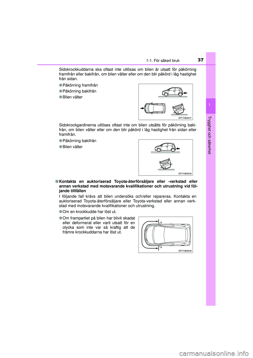 TOYOTA AYGO 2015  Bruksanvisningar (in Swedish) 371-1. För säkert bruk
1
Trygghet och säkerhet
OM99J92SESidokrockkuddarna ska oftast inte utlösas om bilen är utsatt för påkörning
framifrån eller bakifrån, om bilen välter eller om den bli