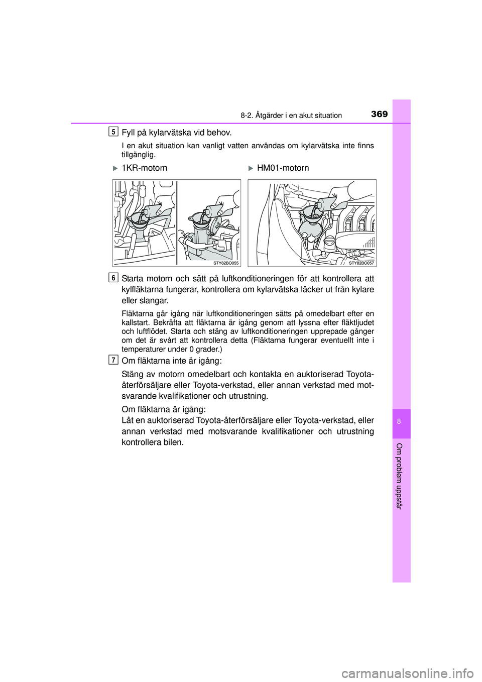 TOYOTA AYGO 2015  Bruksanvisningar (in Swedish) 3698-2. Åtgärder i en akut situation
8
Om problem uppstår
OM99J92SE
Fyll på kylarvätska vid behov.
I en akut situation kan vanligt vatten användas om kylarvätska inte finns
tillgänglig.
Starta