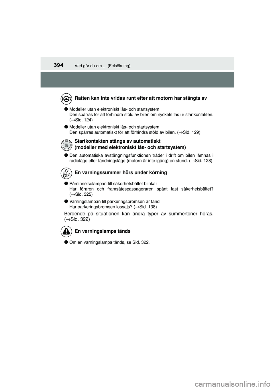 TOYOTA AYGO 2015 Bruksanvisningar (in Swedish) 394Vad gör du om ... (Felsökning)
OM99J92SE
●Modeller utan elektroniskt lås- och startsystem
Den spärras för att förhindra stöld av bilen om nyckeln tas ur startkontakten.
(→Sid. 124)
●Mo TOYOTA AYGO 2015 Bruksanvisningar (in Swedish) 394Vad gör du om ... (Felsökning)
OM99J92SE
●Modeller utan elektroniskt lås- och startsystem
Den spärras för att förhindra stöld av bilen om nyckeln tas ur startkontakten.
(→Sid. 124)
●Mo