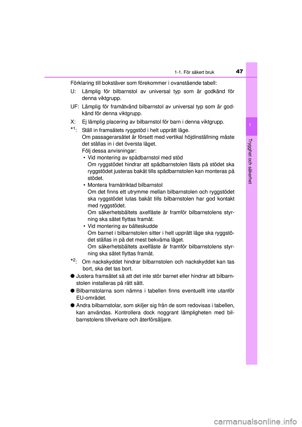TOYOTA AYGO 2015  Bruksanvisningar (in Swedish) 471-1. För säkert bruk
1
Trygghet och säkerhet
OM99J92SE
Förklaring till bokstäver som förekommer i ovanstående tabell:
U: Lämplig för bilbarnstol av universal typ som är godkänd för denna
