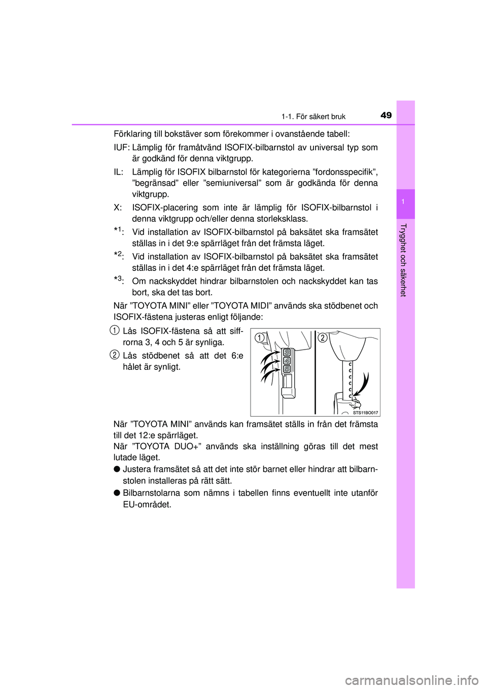 TOYOTA AYGO 2015  Bruksanvisningar (in Swedish) 491-1. För säkert bruk
1
Trygghet och säkerhet
OM99J92SE
Förklaring till bokstäver som förekommer i ovanstående tabell:
IUF: Lämplig för framåtvänd ISOFIX-b ilbarnstol av universal typ som
