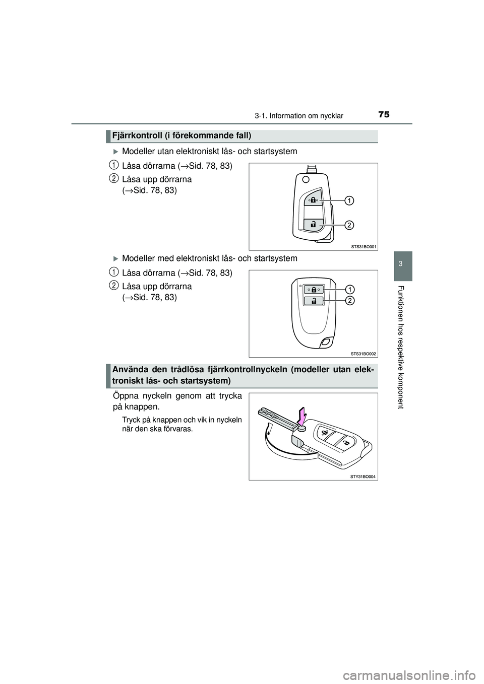 TOYOTA AYGO 2015  Bruksanvisningar (in Swedish) 753-1. Information om nycklar
3
Funktionen hos respektive komponent
OM99J92SE
�XModeller utan elektroniskt lås- och startsystem
Låsa dörrarna (→Sid. 78, 83)
Låsa upp dörrarna 
( → Sid. 78, 83