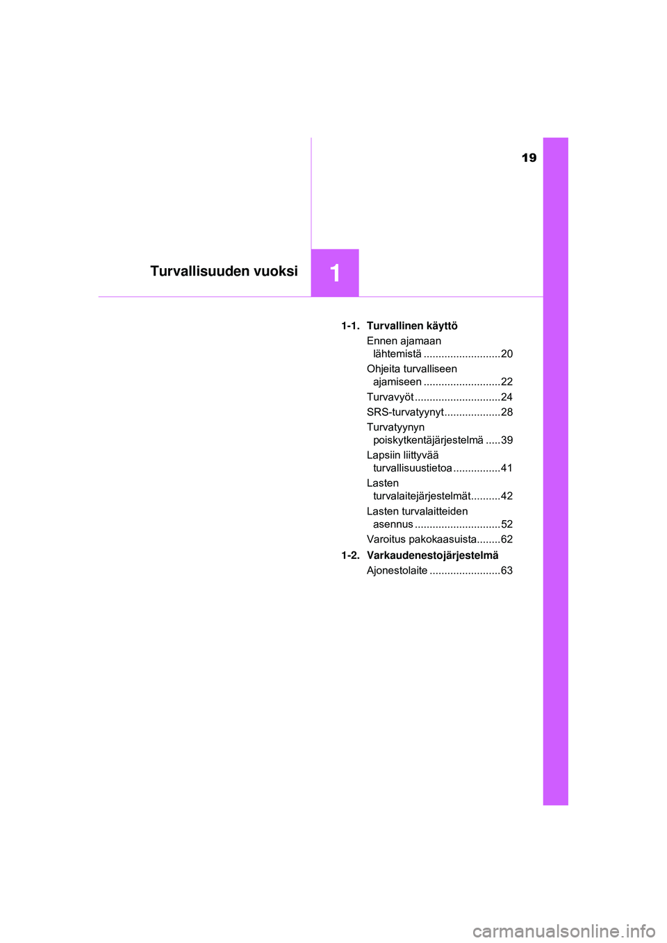 TOYOTA AYGO 2015  Omistajan Käsikirja (in Finnish) 19
1Turvallisuuden vuoksi
OM99J92FI1-1. Turvallinen käyttö
Ennen ajamaan lähtemistä .......................... 20
Ohjeita turvalliseen  ajamiseen .......................... 22
Turvavyöt .........