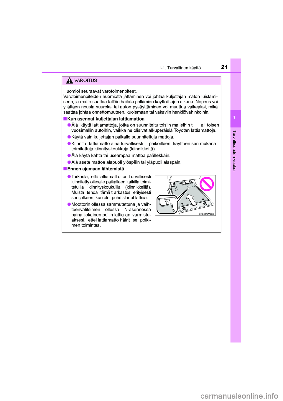 TOYOTA AYGO 2015 Omistajan Käsikirja (in Finnish) 211-1. Turvallinen käyttö
1
Turvallisuuden vuoksi
OM99J92FI
VAROITUS
Huomioi seuraavat varotoimenpiteet.
Varotoimenpiteiden huomiotta jättäminen voi johtaa kuljettajan maton luistami-
seen TOYOTA AYGO 2015 Omistajan Käsikirja (in Finnish) 211-1. Turvallinen käyttö
1
Turvallisuuden vuoksi
OM99J92FI
VAROITUS
Huomioi seuraavat varotoimenpiteet.
Varotoimenpiteiden huomiotta jättäminen voi johtaa kuljettajan maton luistami-
seen