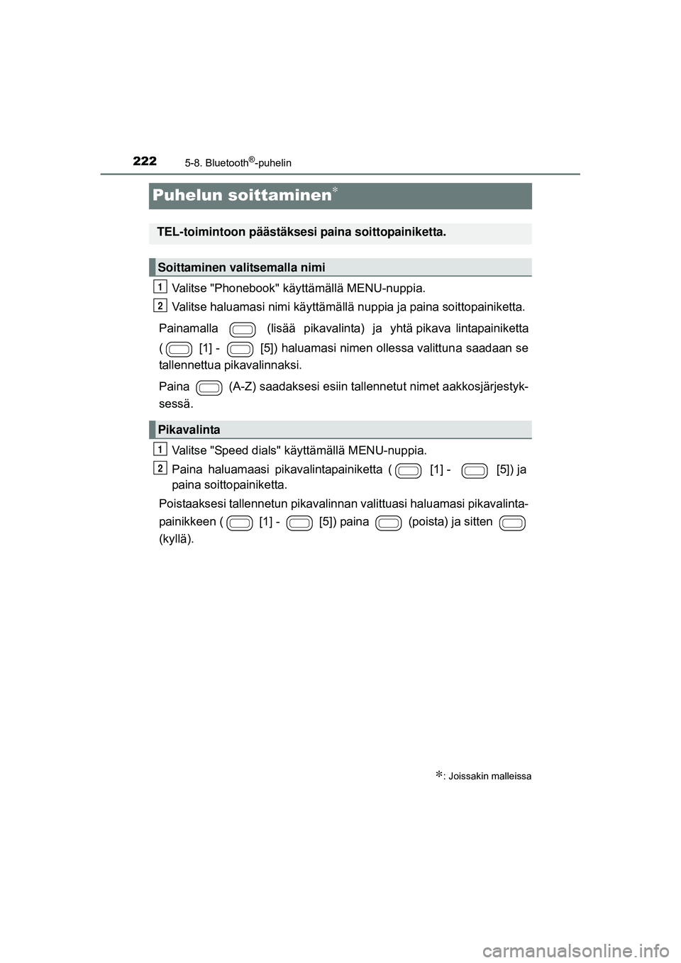 TOYOTA AYGO 2015 Omistajan Käsikirja (in Finnish) 2225-8. Bluetooth®-puhelin
OM99J92FI
Puhelun soittaminen∗
Valitse "Phonebook" käyttämällä MENU-nuppia.
Valitse haluamasi nimi käyttämällä nuppia ja paina soittopainiketta.
Painamall TOYOTA AYGO 2015 Omistajan Käsikirja (in Finnish) 2225-8. Bluetooth®-puhelin
OM99J92FI
Puhelun soittaminen∗
Valitse "Phonebook" käyttämällä MENU-nuppia.
Valitse haluamasi nimi käyttämällä nuppia ja paina soittopainiketta.
Painamall
