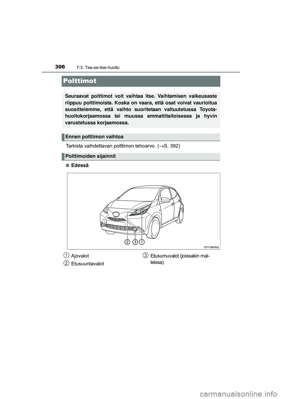 TOYOTA AYGO 2015 Omistajan Käsikirja (in Finnish) 3067-3. Tee-se-itse-huolto
OM99J92FI
Polttimot
Tarkista vaihdettavan polttimon tehoarvo. (→S. 392)
■Edessä
Seuraavat polttimot voit vaihtaa itse. Vaihtamisen vaikeusaste
riippuu polttimoista. Kos TOYOTA AYGO 2015 Omistajan Käsikirja (in Finnish) 3067-3. Tee-se-itse-huolto
OM99J92FI
Polttimot
Tarkista vaihdettavan polttimon tehoarvo. (→S. 392)
■Edessä
Seuraavat polttimot voit vaihtaa itse. Vaihtamisen vaikeusaste
riippuu polttimoista. Kos