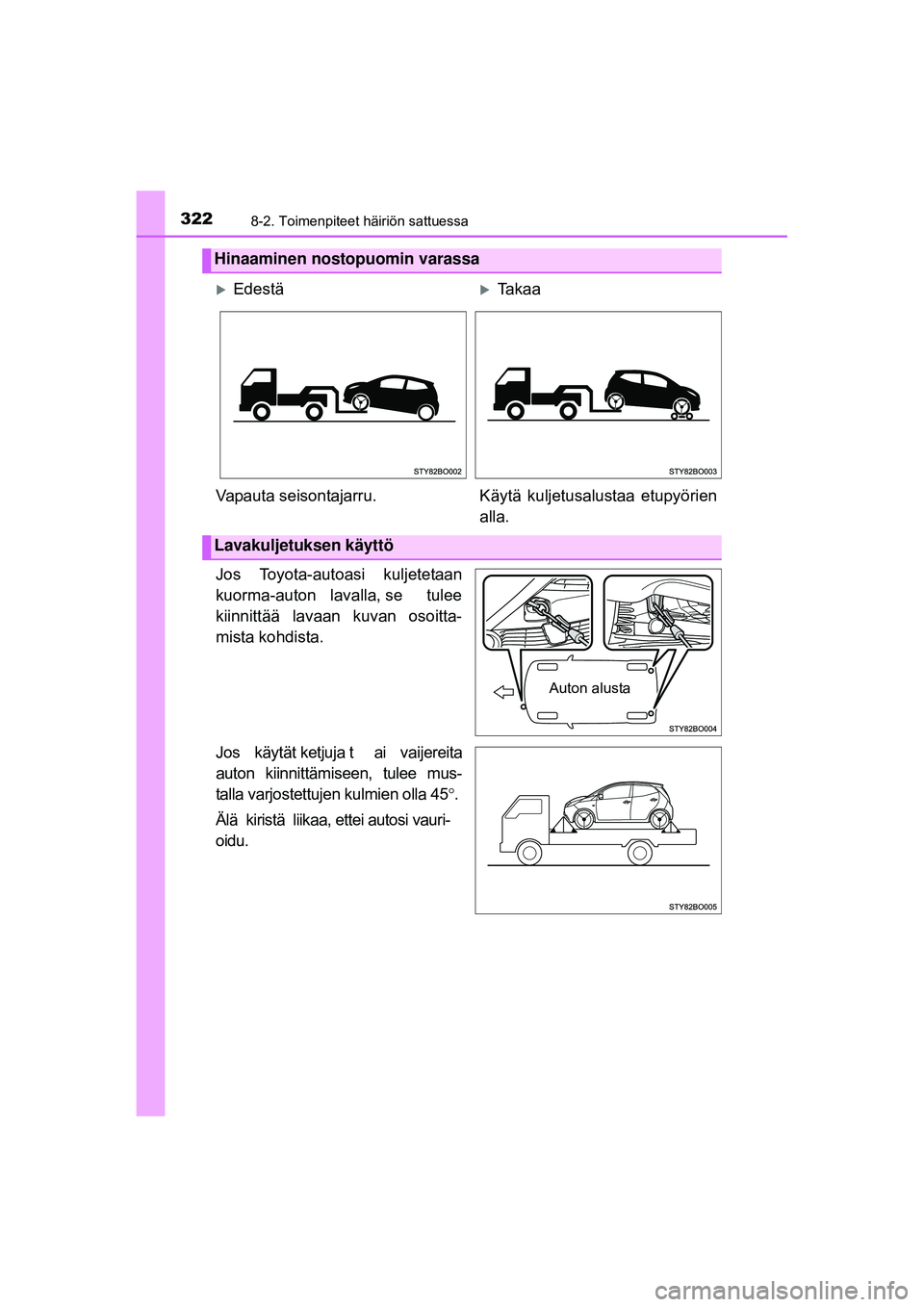 TOYOTA AYGO 2015 Omistajan Käsikirja (in Finnish) 3228-2. Toimenpiteet häiriön sattuessa
OM99J92FI
Jos Toyota-autoasi kuljetetaan
kuorma-auton lavalla, se tulee
kiinnittää lavaan kuvan osoitta-
mista kohdista.
Jos käytät ketjuja t ai v TOYOTA AYGO 2015 Omistajan Käsikirja (in Finnish) 3228-2. Toimenpiteet häiriön sattuessa
OM99J92FI
Jos Toyota-autoasi kuljetetaan
kuorma-auton lavalla, se tulee
kiinnittää lavaan kuvan osoitta-
mista kohdista.
Jos käytät ketjuja t ai v