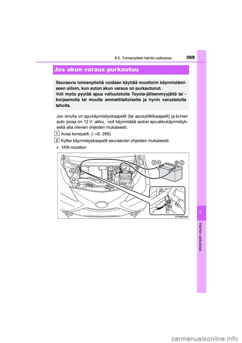 TOYOTA AYGO 2015 Omistajan Käsikirja (in Finnish) 3698-2. Toimenpiteet häiriön sattuessa
8
Häiriön sattuessa
OM99J92FI
Jos akun varaus purkautuu
Jos sinulla on apu käynnistyskaapelit (tai apusyöttökaapelit) ja to inen
auto jossa on 12 V TOYOTA AYGO 2015 Omistajan Käsikirja (in Finnish) 3698-2. Toimenpiteet häiriön sattuessa
8
Häiriön sattuessa
OM99J92FI
Jos akun varaus purkautuu
Jos sinulla on apu käynnistyskaapelit (tai apusyöttökaapelit) ja to inen
auto jossa on 12 V