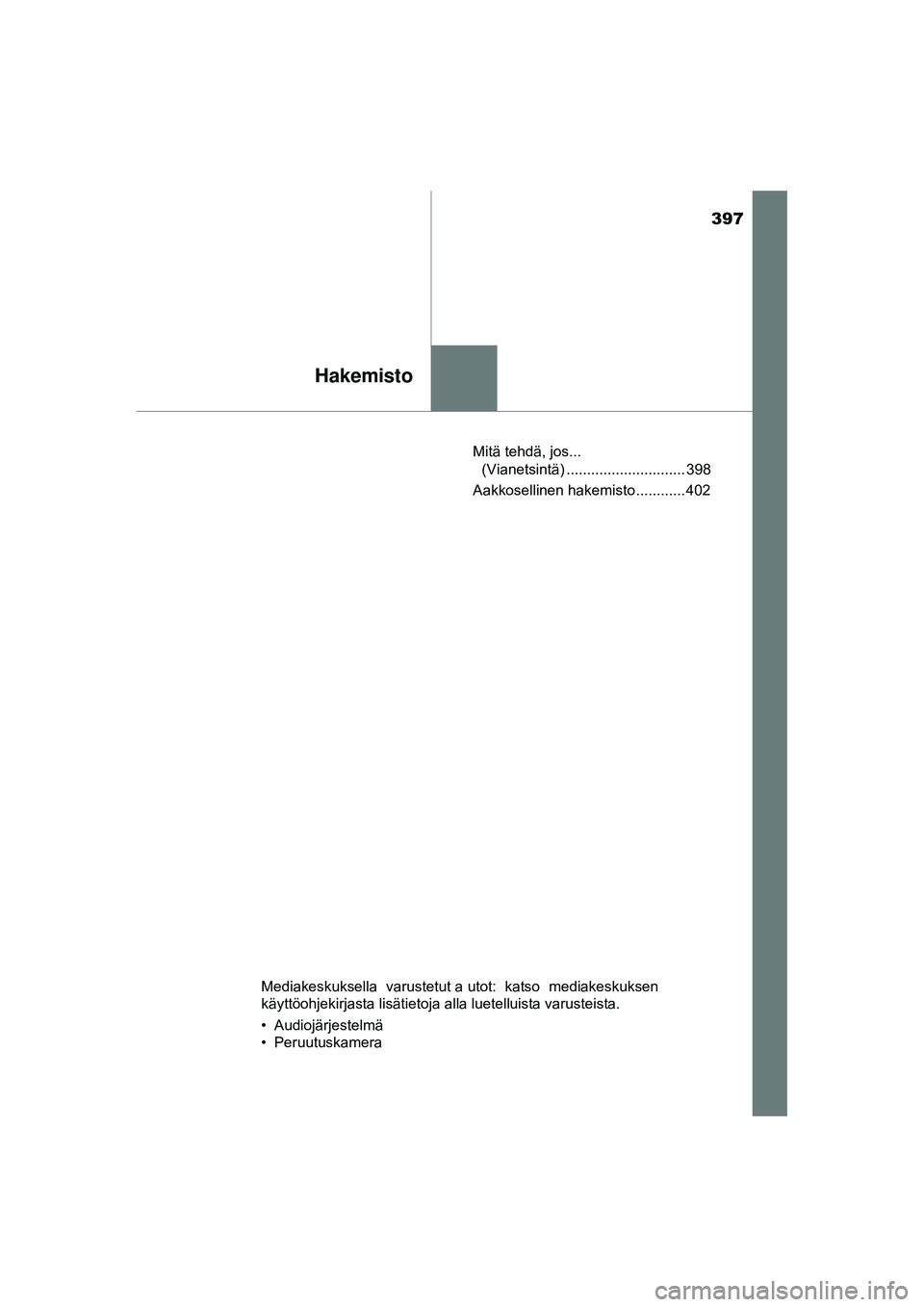 TOYOTA AYGO 2015  Omistajan Käsikirja (in Finnish) 397
Hakemisto
OM99J92FIMitä tehdä, jos... 
(Vianetsintä) ............................. 398
Aakkosellinen hakemisto ............ 402
Mediakeskuksella  varustetut a utot:  katso  mediakeskuksen
käyt