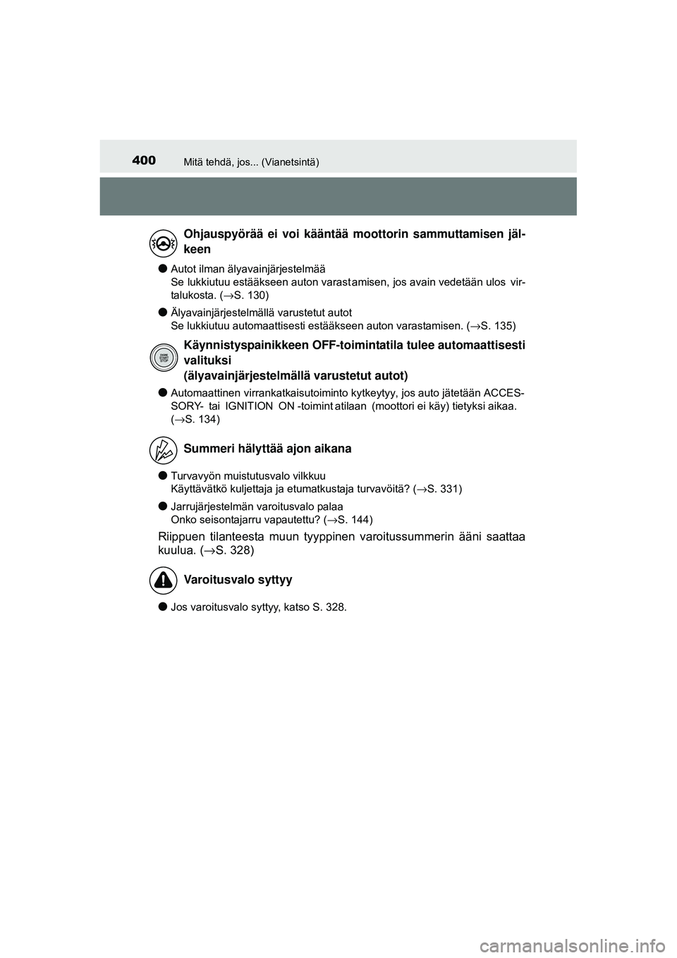TOYOTA AYGO 2015  Omistajan Käsikirja (in Finnish) 400Mitä tehdä, jos... (Vianetsintä)
OM99J92FI
●Autot ilman älyavainjärjestelmää 
Se lukkiutuu estääkseen auton varast amisen, jos avain vedetään ulos  vir-
talukosta. (→S. 130)
●Älya