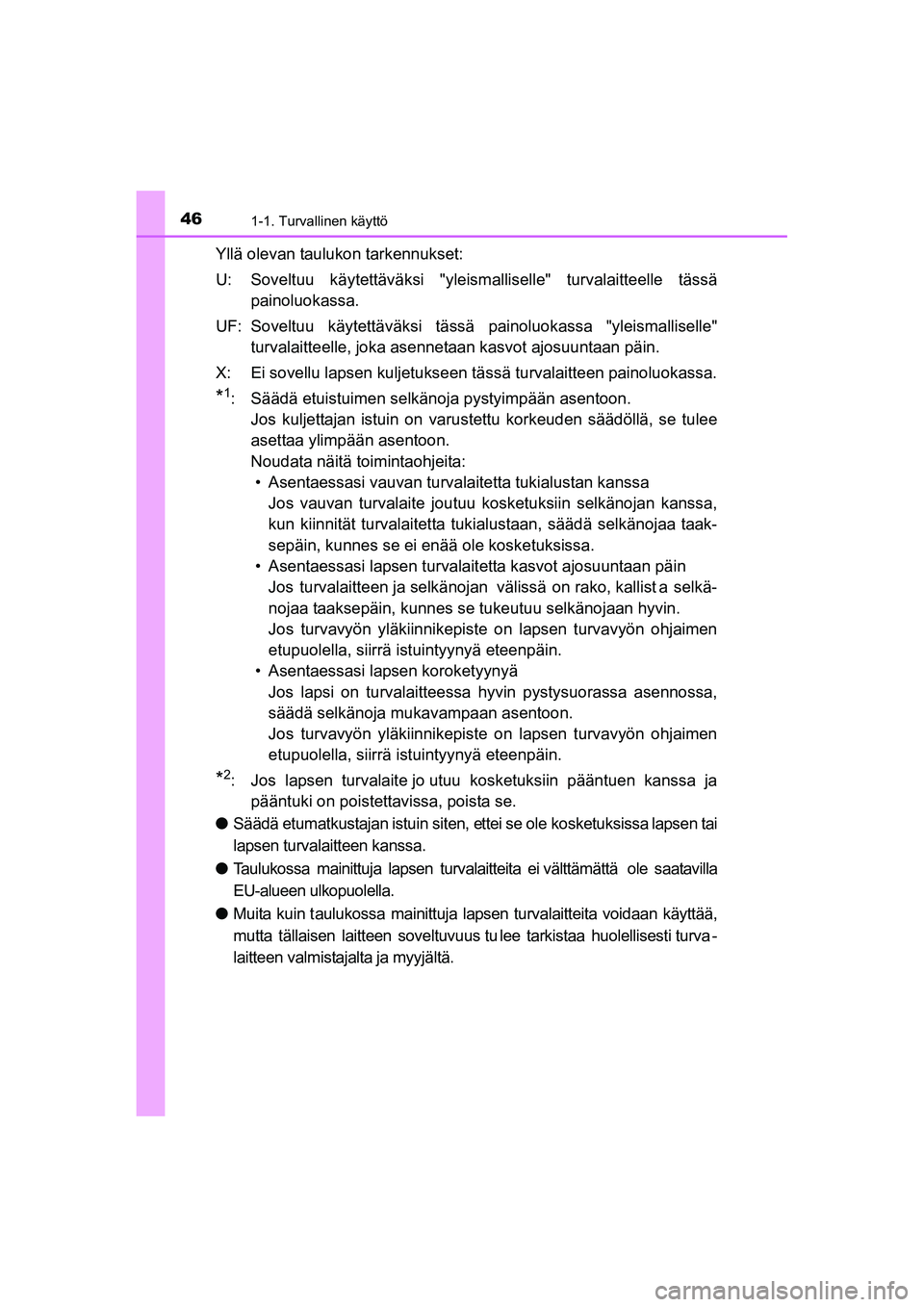 TOYOTA AYGO 2015  Omistajan Käsikirja (in Finnish) 461-1. Turvallinen käyttö
OM99J92FI
Yllä olevan taulukon tarkennukset:
U: Soveltuu  käytettäväksi  "yleismalliselle "  turvalaitteelle  tässä
painoluokassa.
UF: Soveltuu  käytettävä