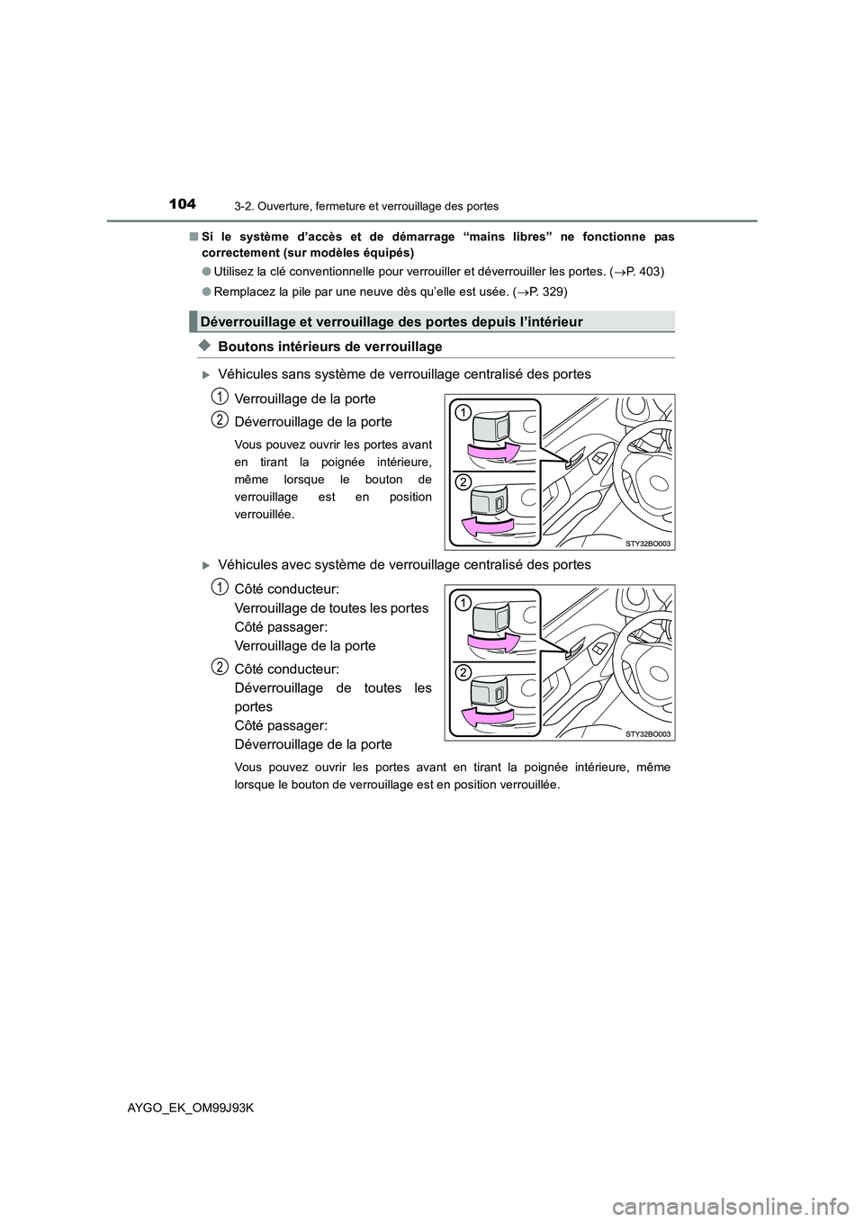 TOYOTA AYGO 2015  Notices Demploi (in French) 1043-2. Ouverture, fermeture et verrouillage des portes
AYGO_EK_OM99J93K 
■ Si le système d’accès et de démarrage “mains libres” ne fonctionne pas 
correctement (sur modèles équipés) 
