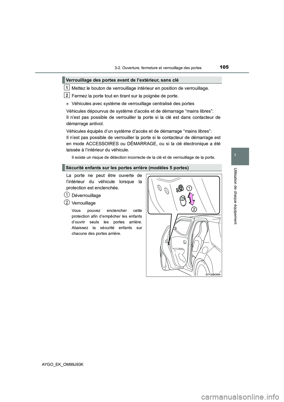 TOYOTA AYGO 2015  Notices Demploi (in French) 1053-2. Ouverture, fermeture et verrouillage des portes
3
Utilisation de chaque équipement
AYGO_EK_OM99J93K
Mettez le bouton de verrouillage intérieur en position de verrouillage. 
Fermez la porte t