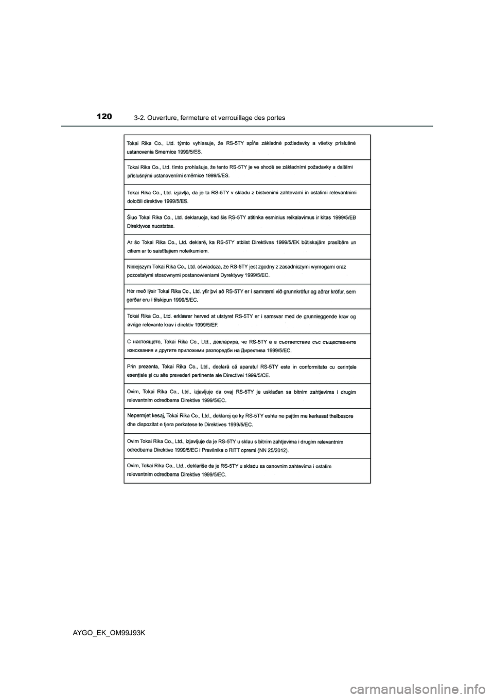 TOYOTA AYGO 2015  Notices Demploi (in French) 1203-2. Ouverture, fermeture et verrouillage des portes
AYGO_EK_OM99J93K 