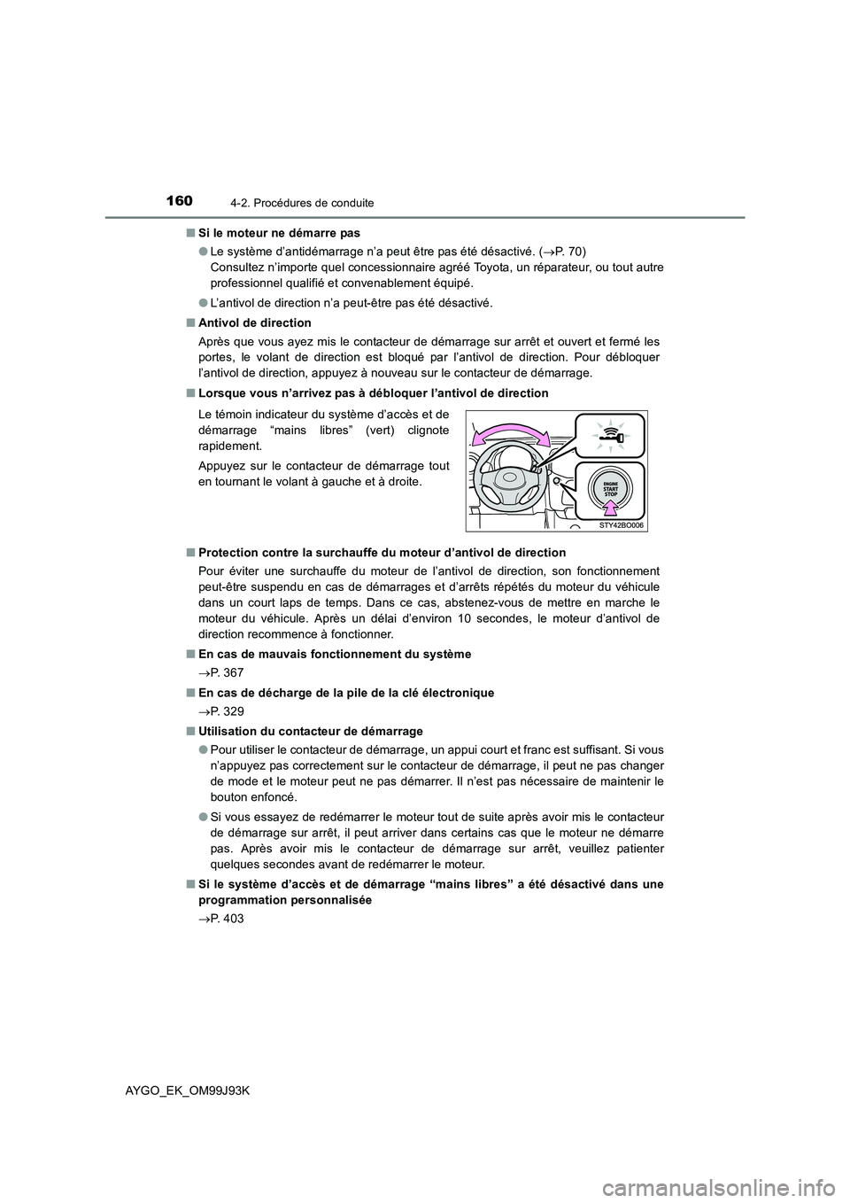 TOYOTA AYGO 2015  Notices Demploi (in French) 1604-2. Procédures de conduite
AYGO_EK_OM99J93K 
■ Si le moteur ne démarre pas 
● Le système d’antidémarrage n’a peut être pas été désactivé. (→P.  7 0 )   
Consultez n’importe qu