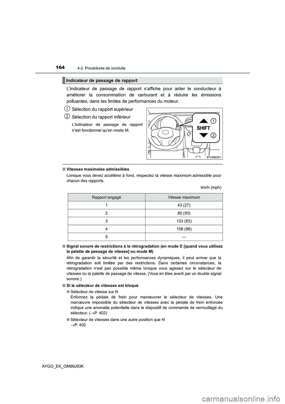 TOYOTA AYGO 2015  Notices Demploi (in French) 1644-2. Procédures de conduite
AYGO_EK_OM99J93K
L’indicateur de passage de rapport s’affiche pour aider le conducteur à 
améliorer la consommation de carburant et à réduire les émissions 
po TOYOTA AYGO 2015  Notices Demploi (in French) 1644-2. Procédures de conduite
AYGO_EK_OM99J93K
L’indicateur de passage de rapport s’affiche pour aider le conducteur à 
améliorer la consommation de carburant et à réduire les émissions 
po