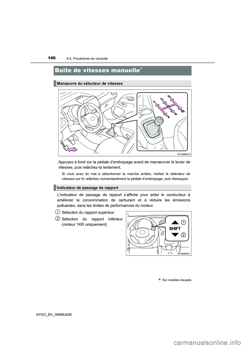 TOYOTA AYGO 2015 Notices Demploi (in French) 1664-2. Procédures de conduite
AYGO_EK_OM99J93K
Boîte de vitesses manuelle∗
Appuyez à fond sur la pédale d’embrayage avant de manœuvrer le levier de
vitesses, puis relâchez-la lentement.
Si TOYOTA AYGO 2015 Notices Demploi (in French) 1664-2. Procédures de conduite
AYGO_EK_OM99J93K
Boîte de vitesses manuelle∗
Appuyez à fond sur la pédale d’embrayage avant de manœuvrer le levier de
vitesses, puis relâchez-la lentement.
Si